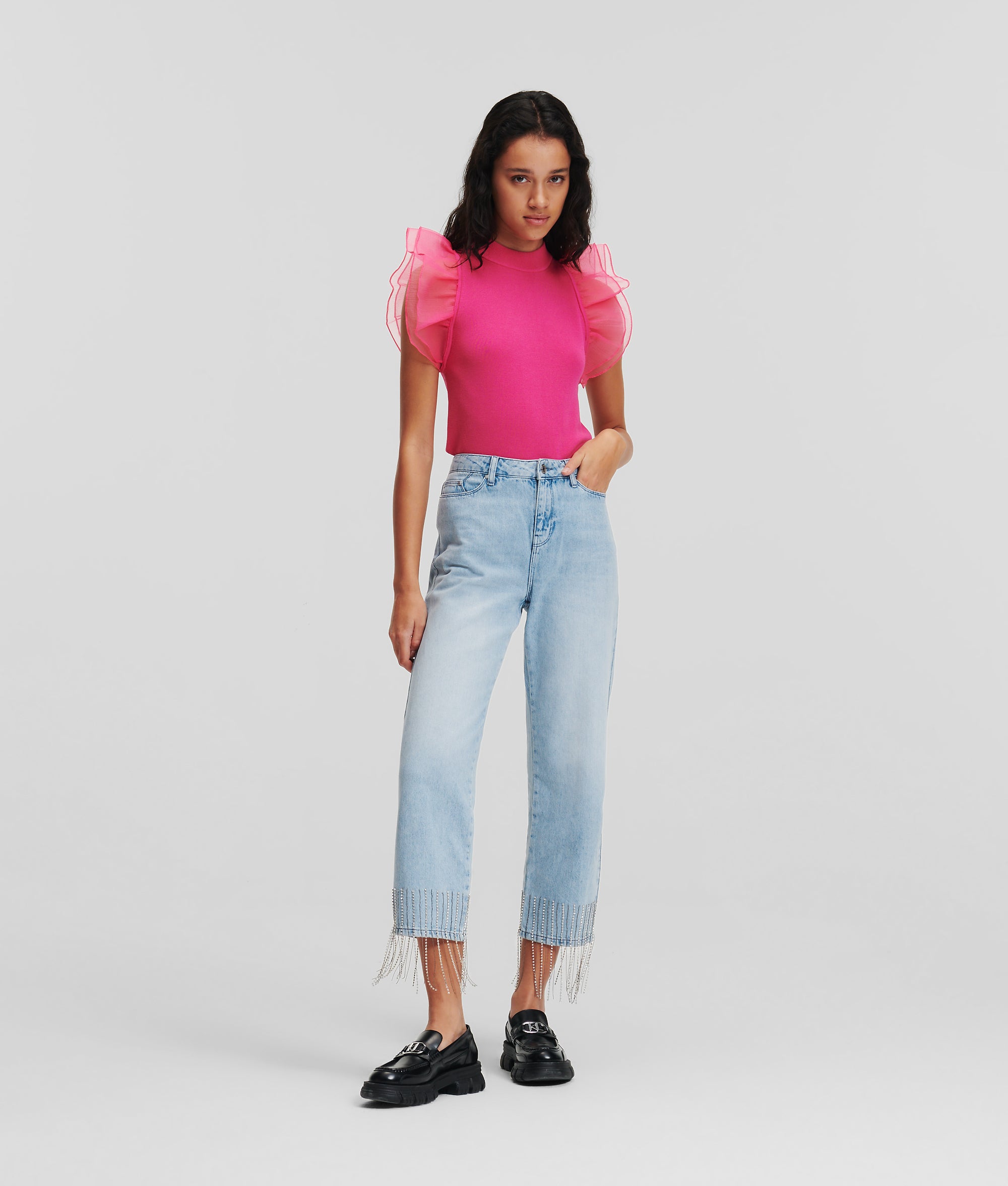 デニム・ジーパン KARL LAGERFELD Rhinestone fringed jeans Light Blue RHINESTONE FRINGED JEANS | Light Blue Denim | Women | KARL