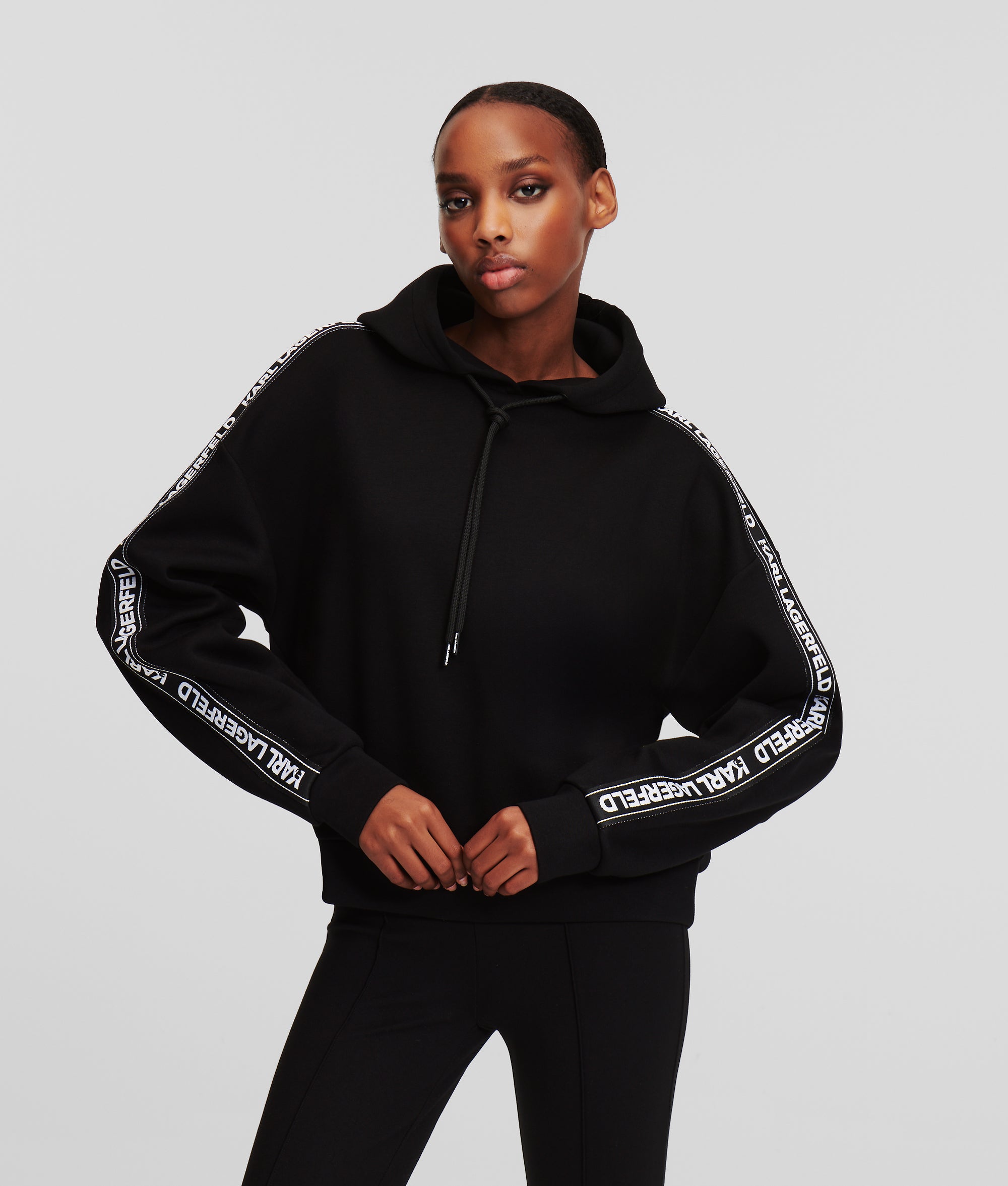 【GRAVER】23FW★ Tape Logo Hoodie LOGO TAPE HOODIE | Black | Women | KARL LAGERFELD