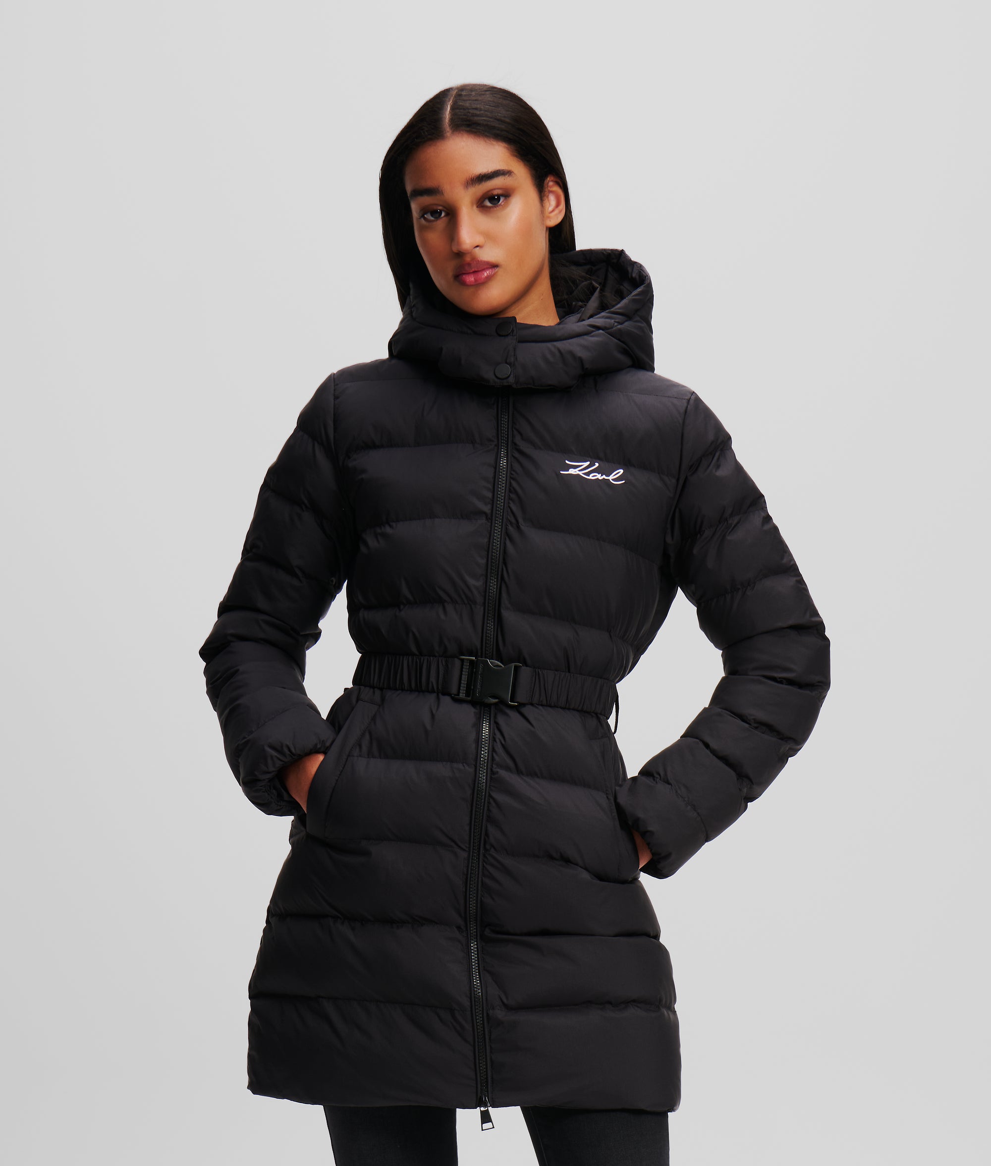 SIGNATURE LANGE PUFFERJACKE Schwarz Damen KARL LAGERFELD