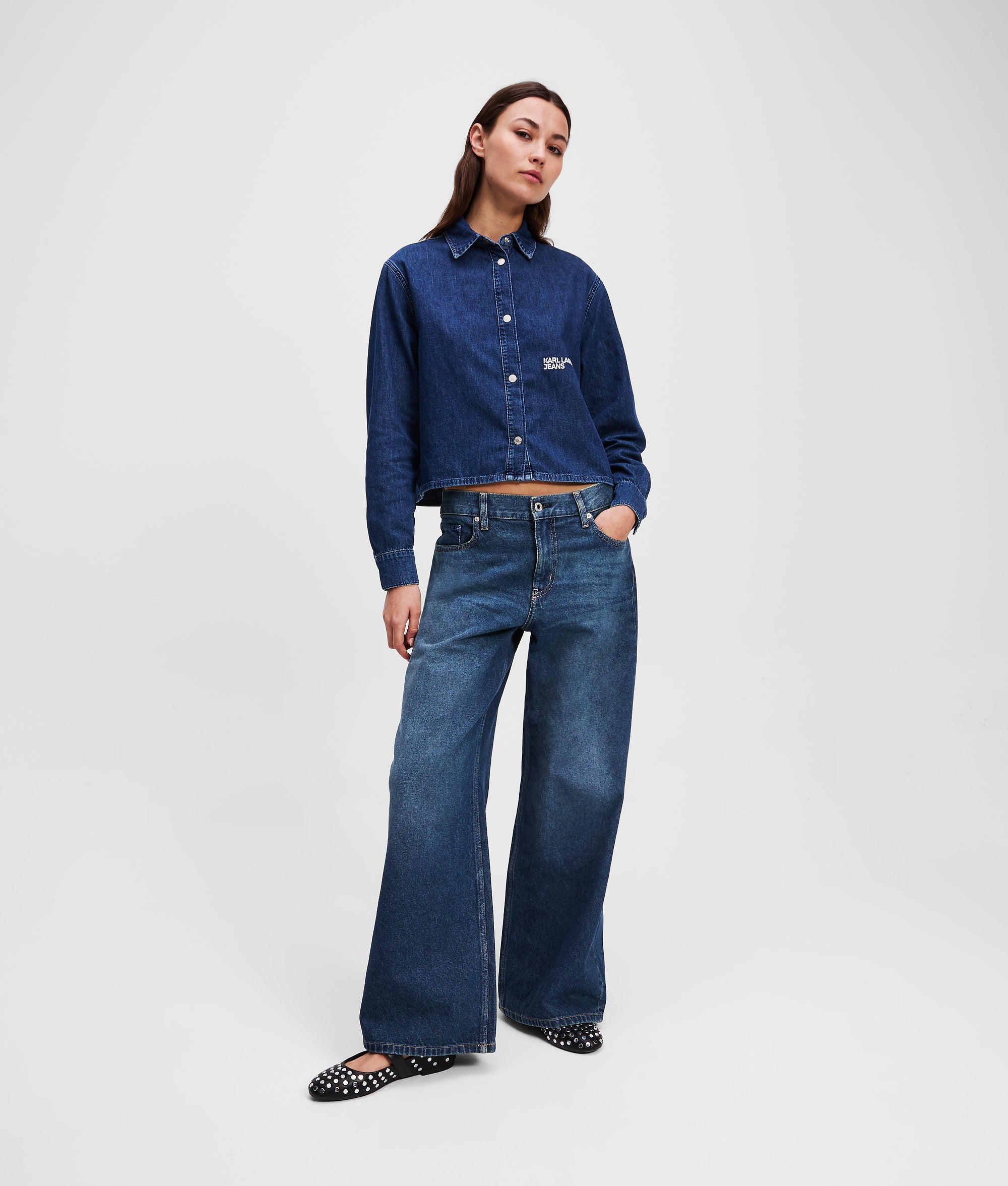 JEANS LARGHI A VITA BASSA Blu slavato colorato Donna KARL