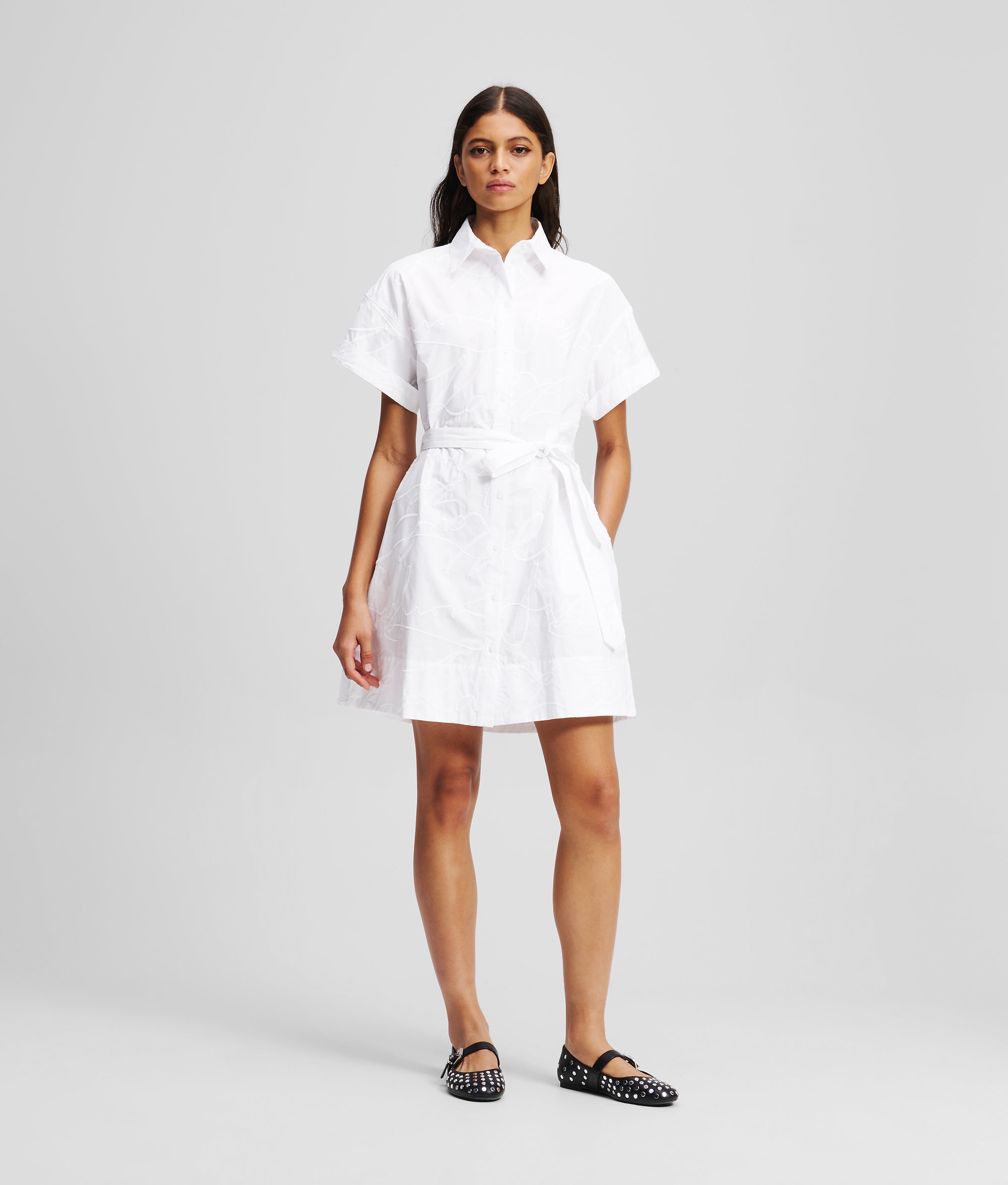 Embroidered shirt dress | White Embro Scribble All Over Print | Women | KARL LAGERFELD | Page 1 Embroidered shirt dress | White Embro Scribble All Over Print | Women | KARL LAGERFELD | Page 1