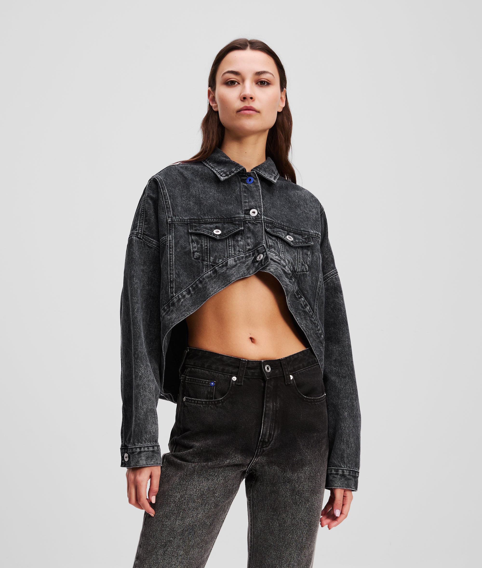 OVERSIZED CROPPED DENIM JACKET Washed Black Women KARL LAGERFELD