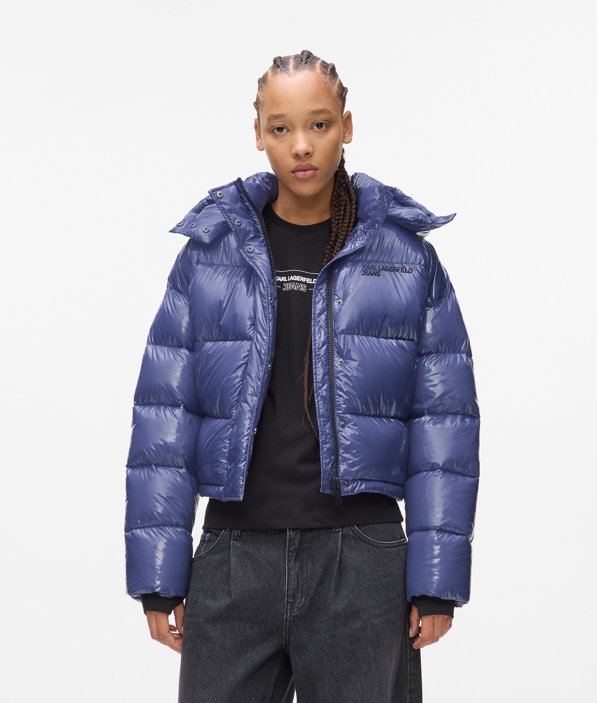 Shiny boxy puffer jacket Skipper Blue Women KARL LAGERFELD