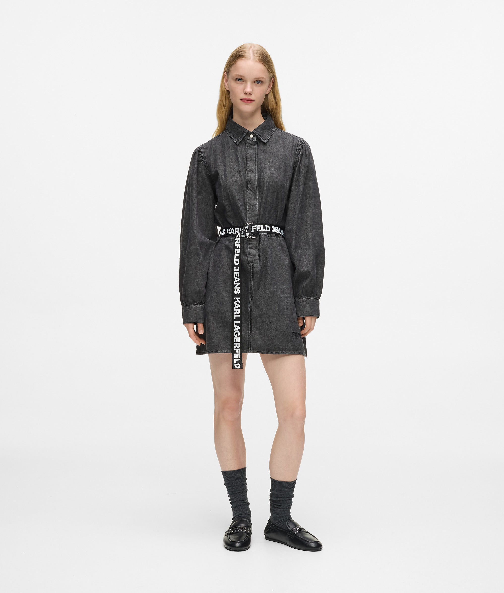 Belted denim dress | Washed Black | Women