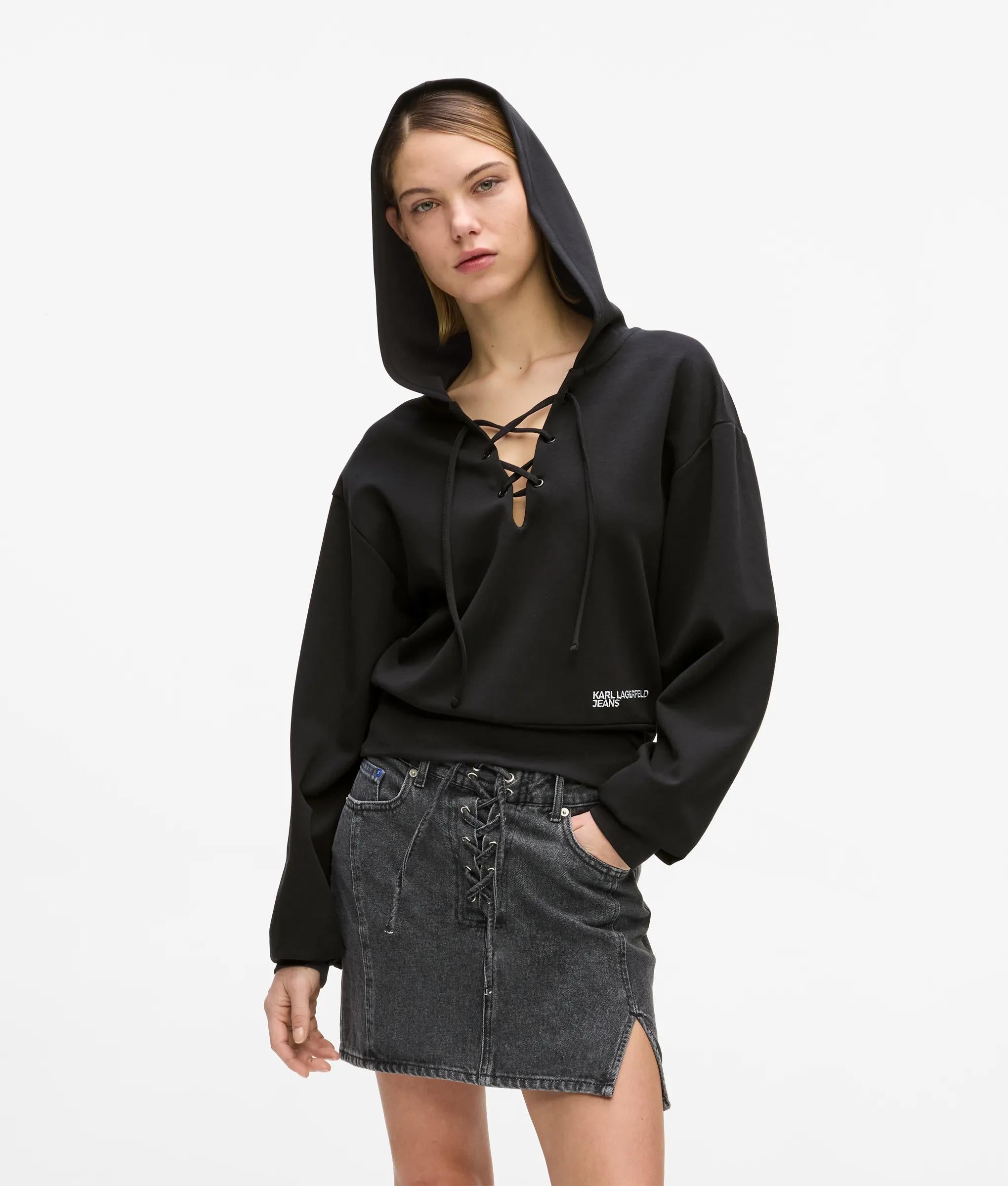 Lace-up hoodie | Black | Women | KARL LAGERFELD