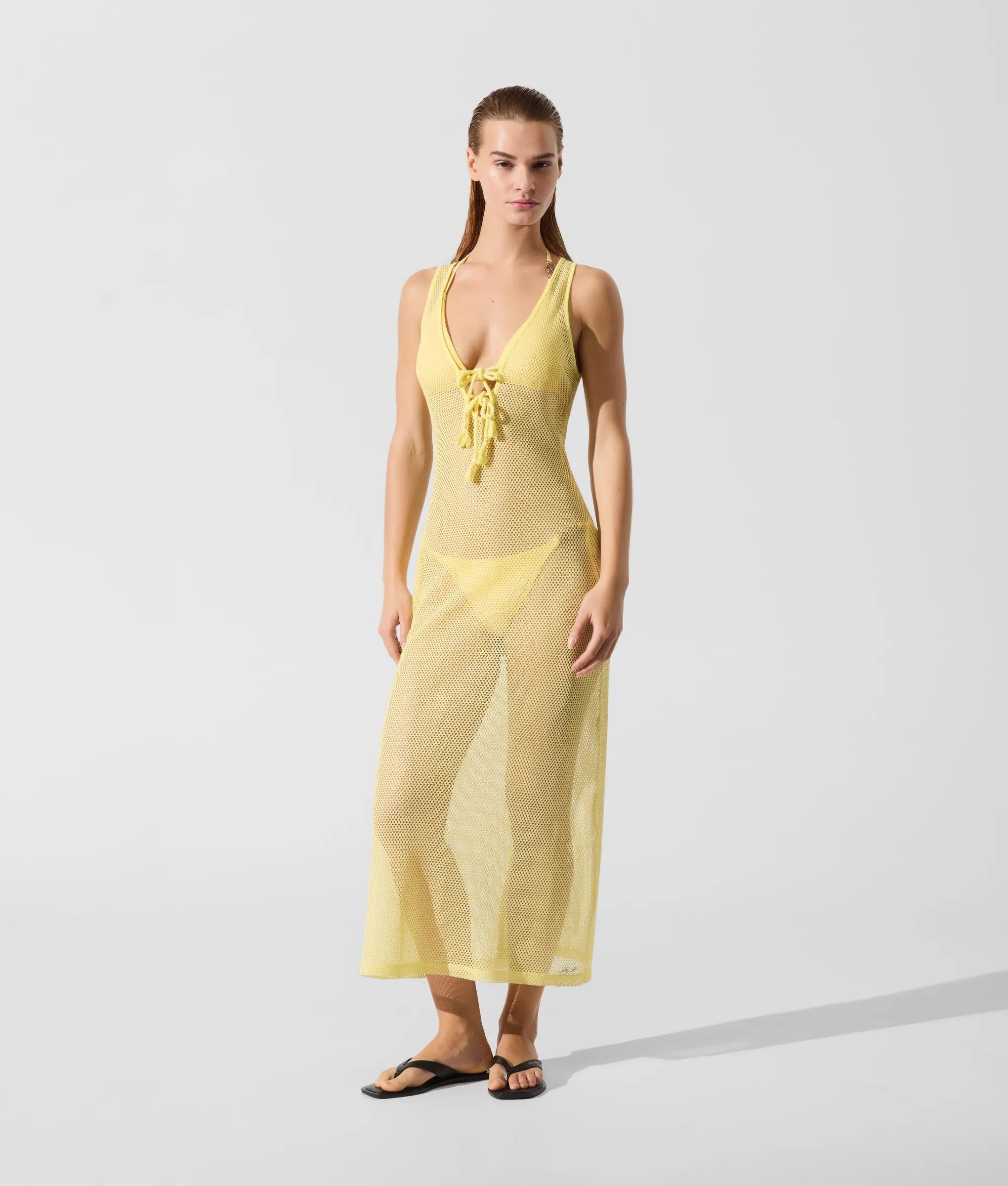 yellow crochet dress ESCVDO Siula Hand-Crocheted Long Sleeve Yellow, Floral Pattern, Back Detail TWLV PLEASE NOTE Yellow and White Crochet Cover