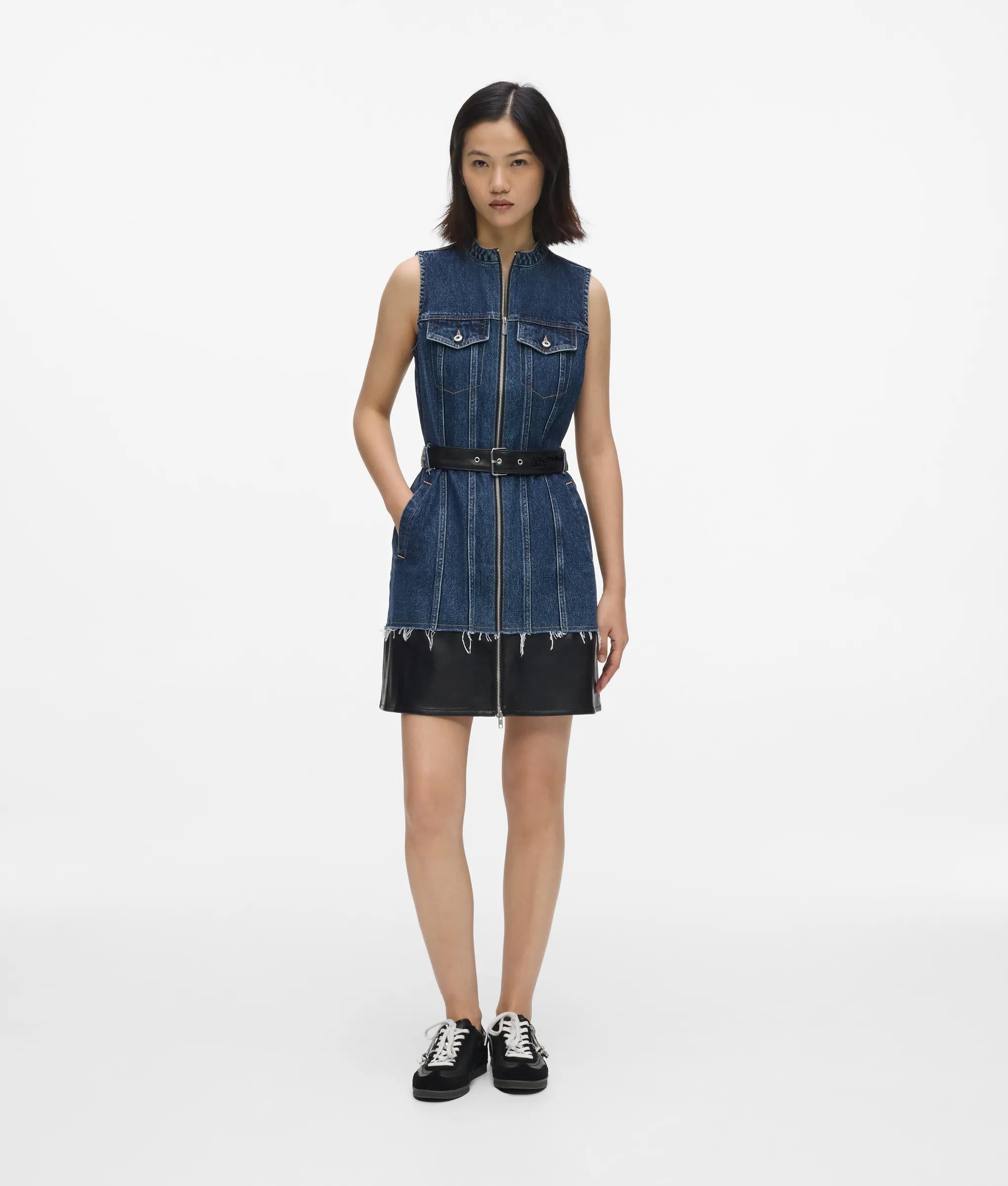 Faux-leather and denim dress | Washed Dark Blue-Black | Women