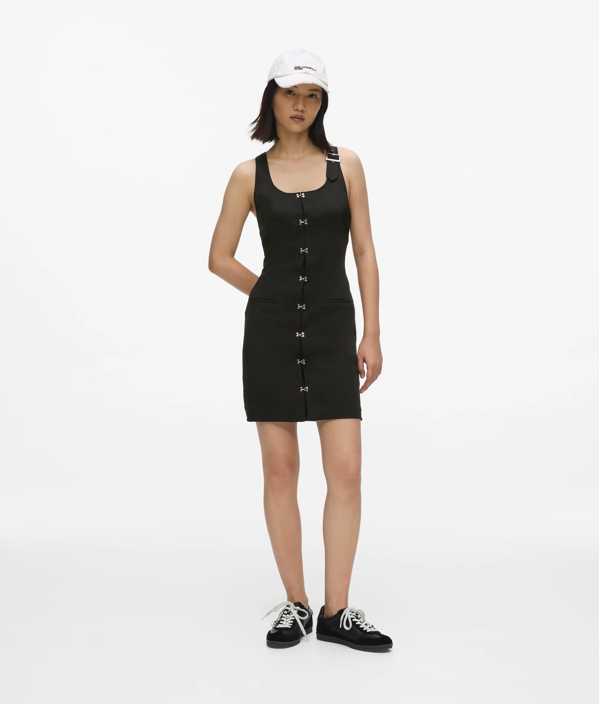 karl lagerfeld satin dress Women's Satin Signature Floral Hi-Low Utility Midi Dress | Bisque Black