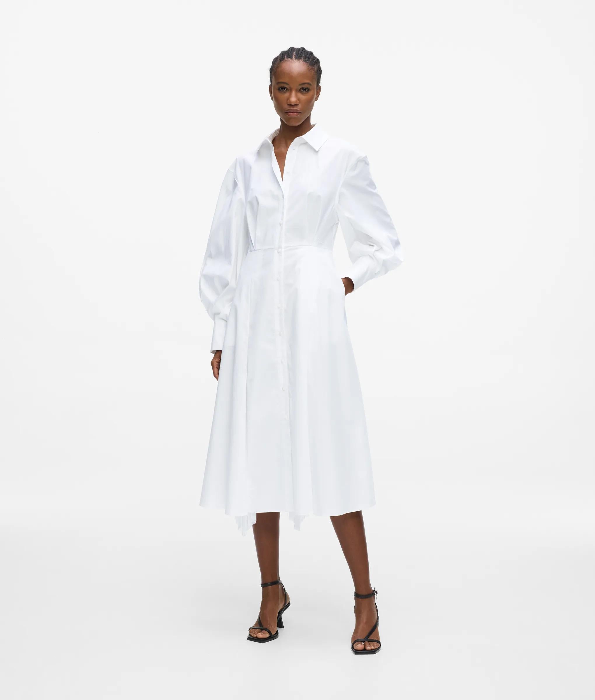 Poplin pleated shirt dress | White | Women