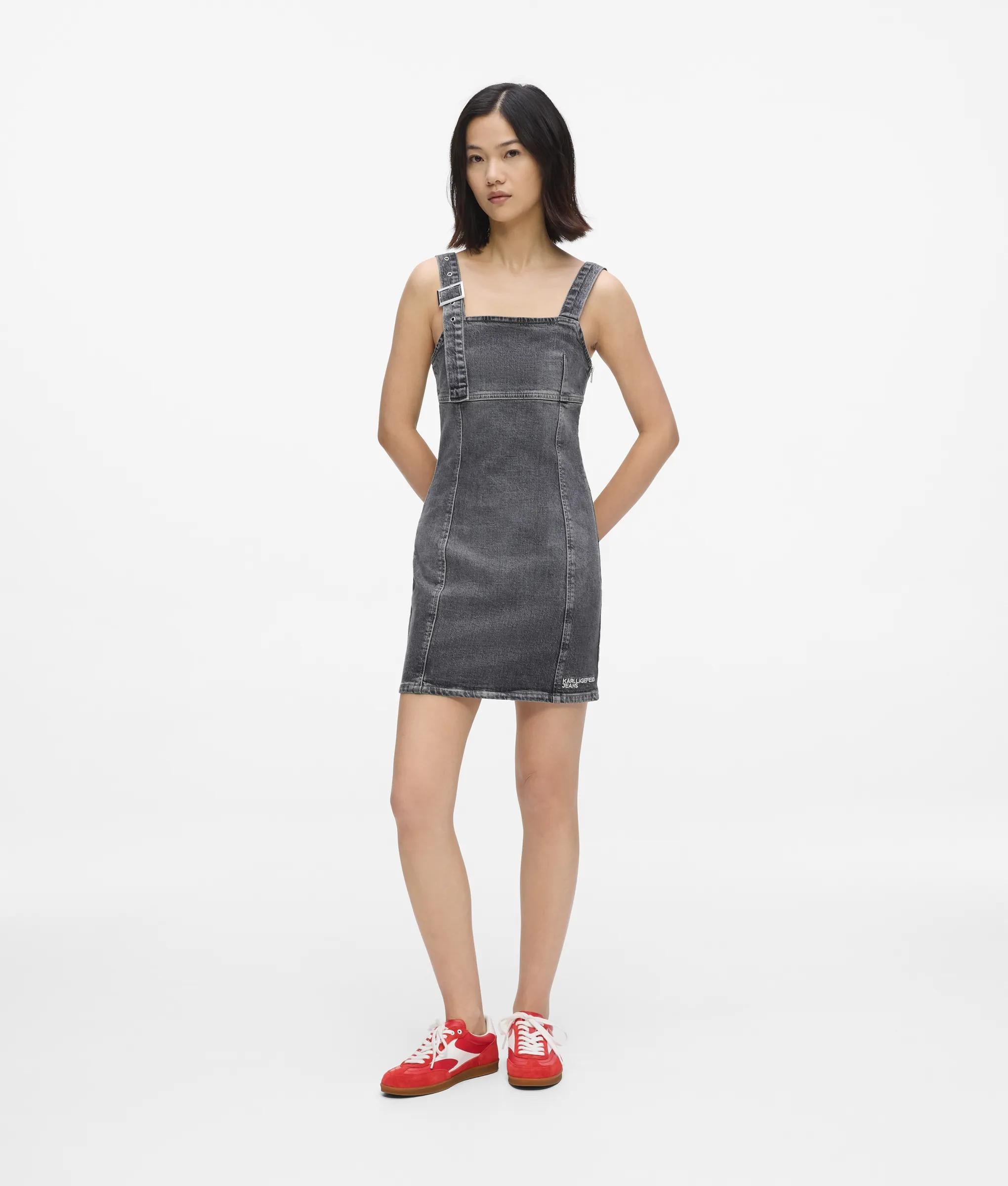 karl lagerfeld denim dress Women's Sleeveless Denim Trim Midi Dress | White/ Denim