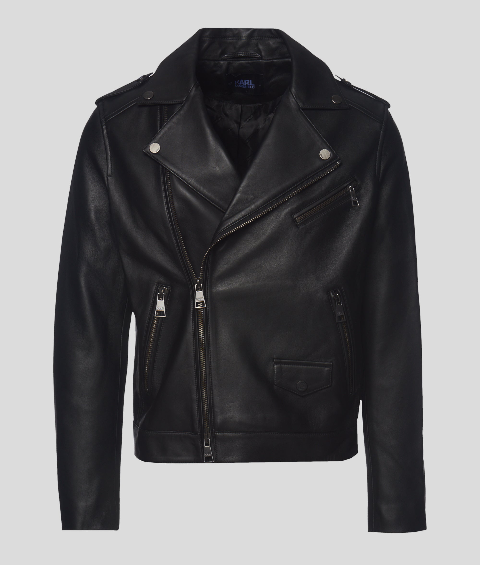 ジャケット・アウター Karl Lagerfeld Leather Riders KARL LAGERFELD Men's Leather Racer Jacket, Black, Small