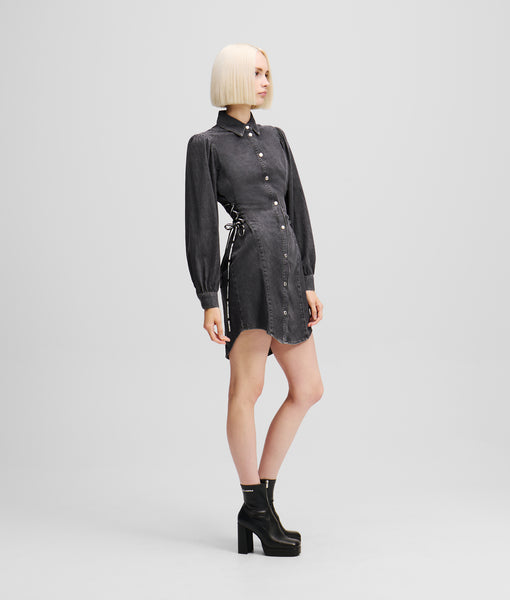 TIED WAIST DENIM SHIRT DRESS | Washed Black | Women | KARL LAGERFELD