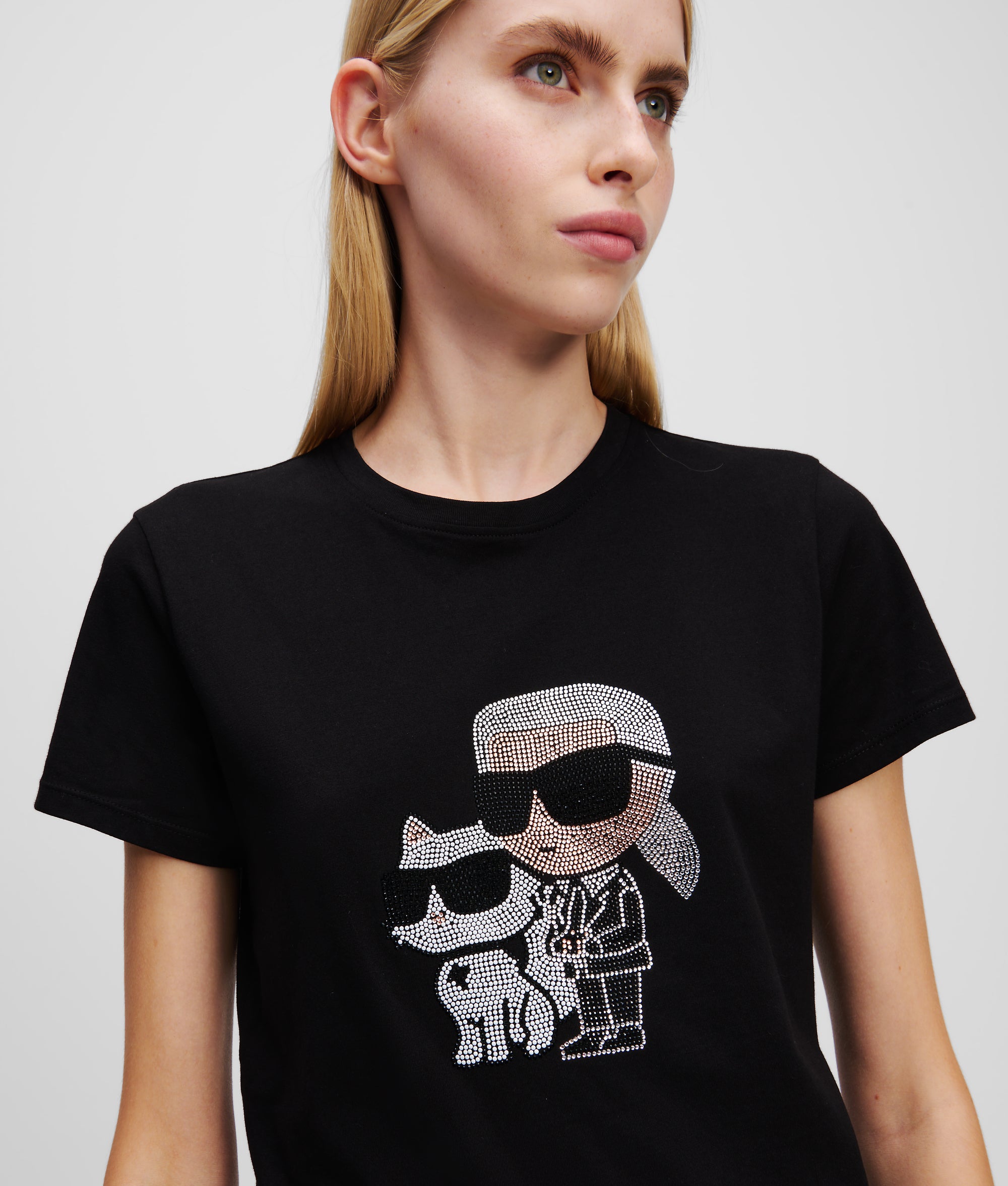 CAMISETA CON PEDRERÍA DE KARL Y CHOUPETTE IKON Negro Mujer