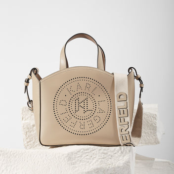 Beige handbag with brand logo on a white background