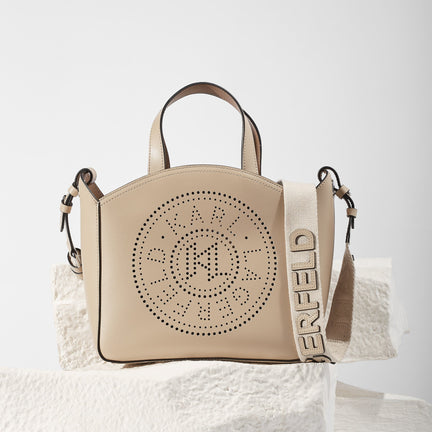 Beige handbag with brand logo on a white background