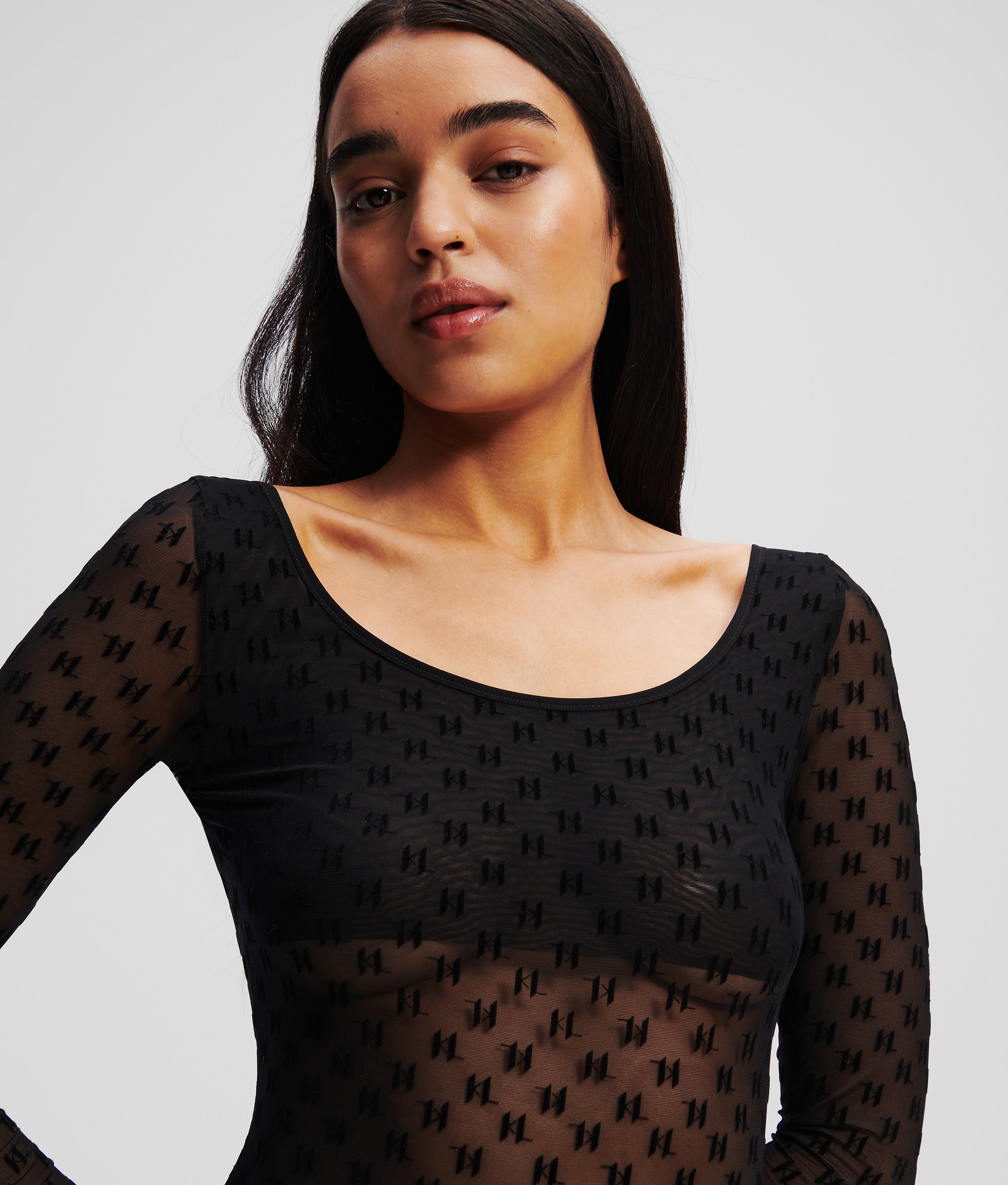 MONOGRAM BODYSUIT MET LANGE MOUWEN EN MESH Zwart Dames KARL