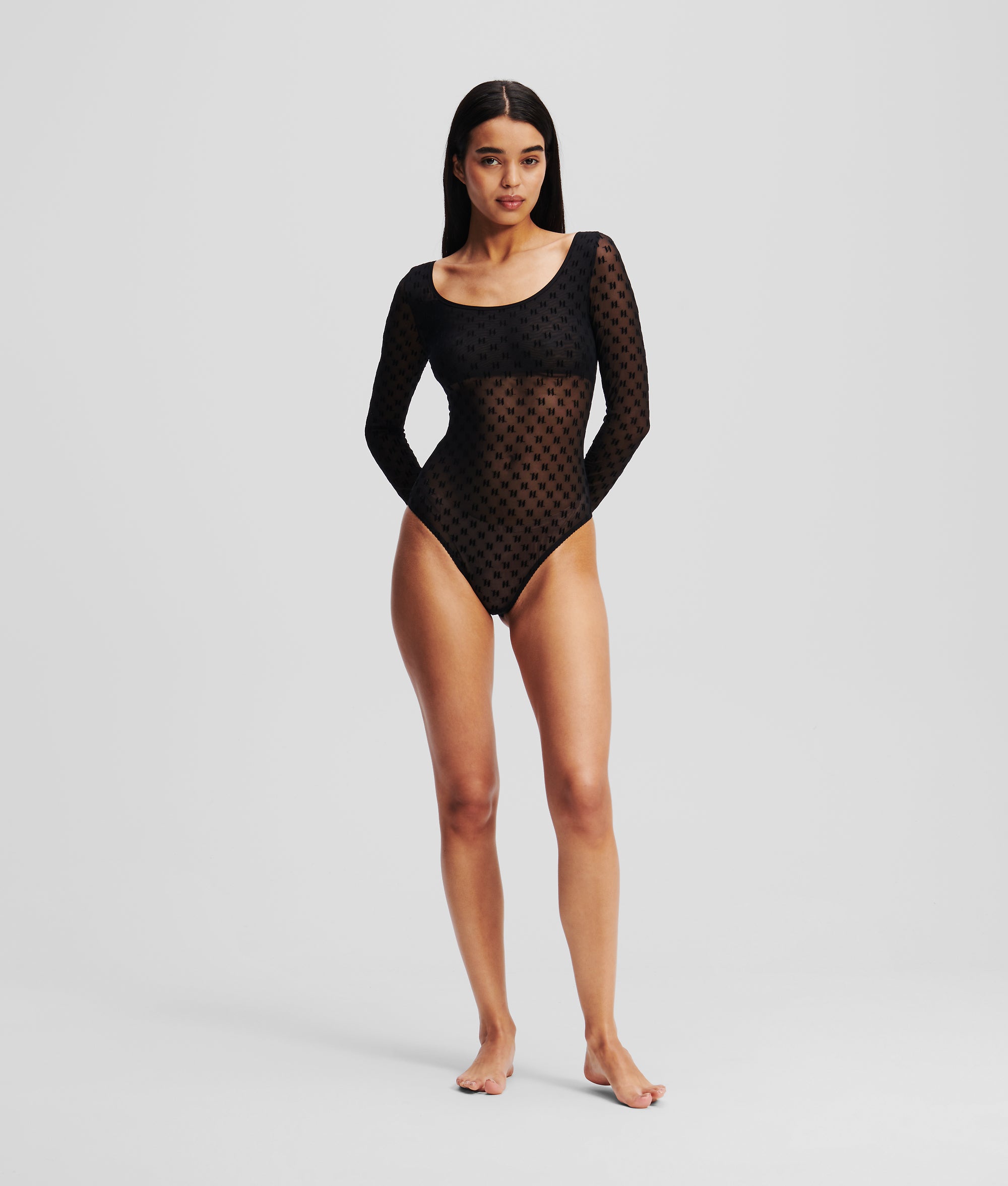 MONOGRAM LONG-SLEEVED MESH BODYSUIT Black Women KARL LAGERFELD