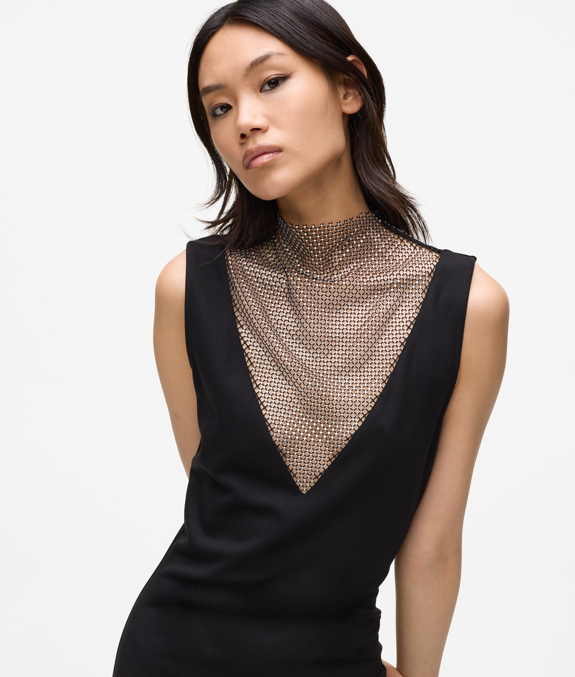 V-neck rhinestone mesh dress | Black | Women | KARL LAGERFELD | Page 1 V-neck rhinestone mesh dress | Black | Women | KARL LAGERFELD | Page 1
