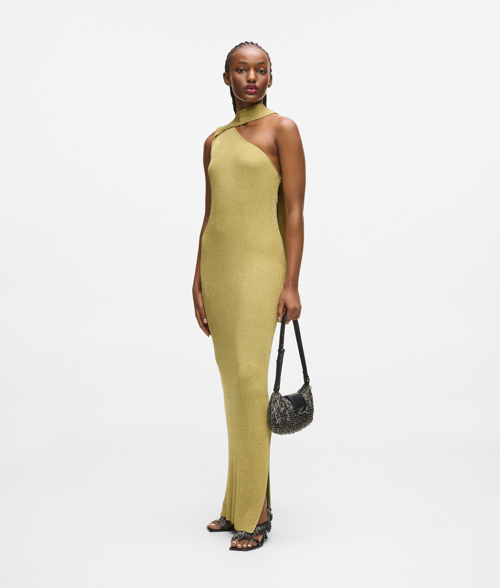 gold metallic knitted dress Knit Side Slit Lace Maxi | Maxi Dress while delicate flower appliqu adds a whimsical touch Metallic knit dress | Light