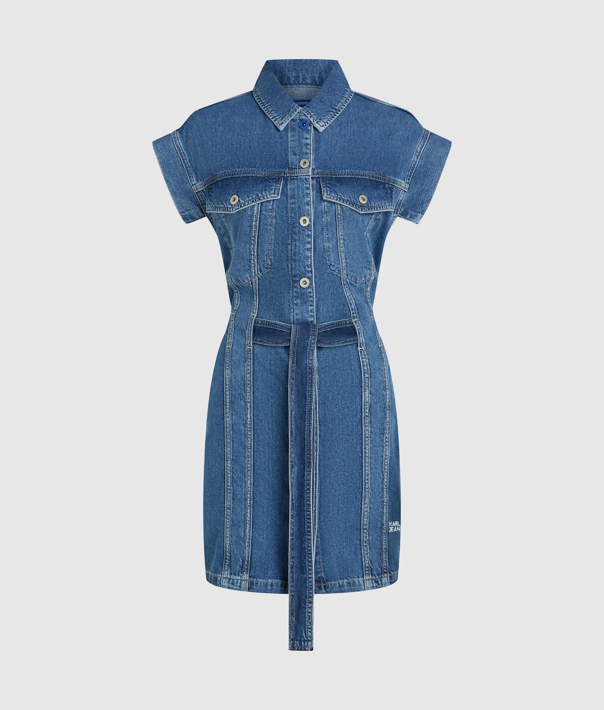 Short-sleeved belted denim dress | Mid Blue Stone | Women