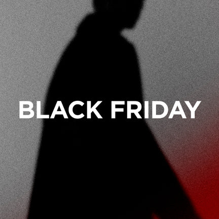 Black silhouette of a person with 'BLACK FRIDAY' text on a gradient background